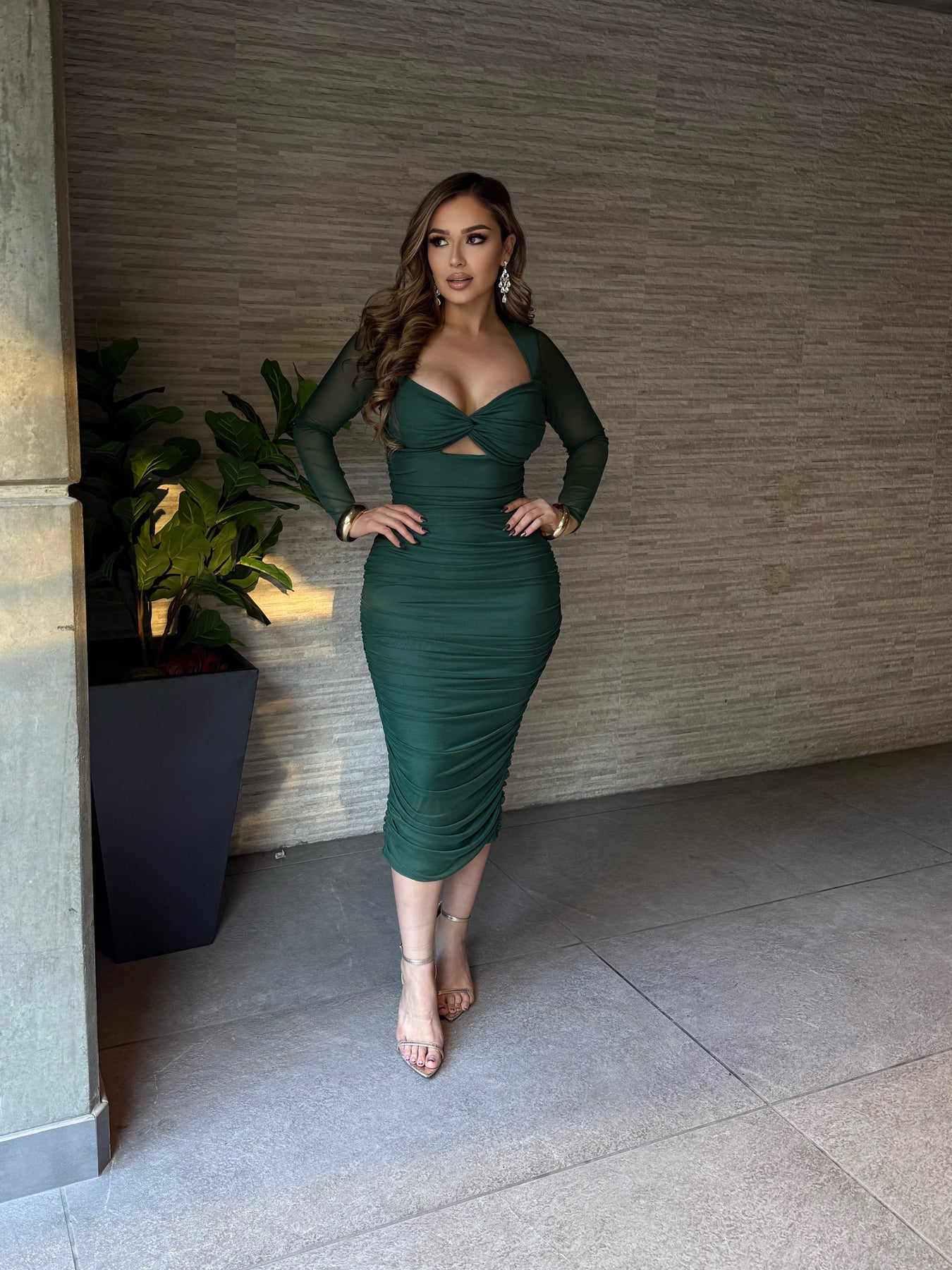 green dress mesh Dark Ruched Column Maxi | Womens | X-Large (Available in XXL, XXS, XS, S, M, L) | Polyester/Spandex a trendy square neckline Women's Khaki green Gathered Mesh